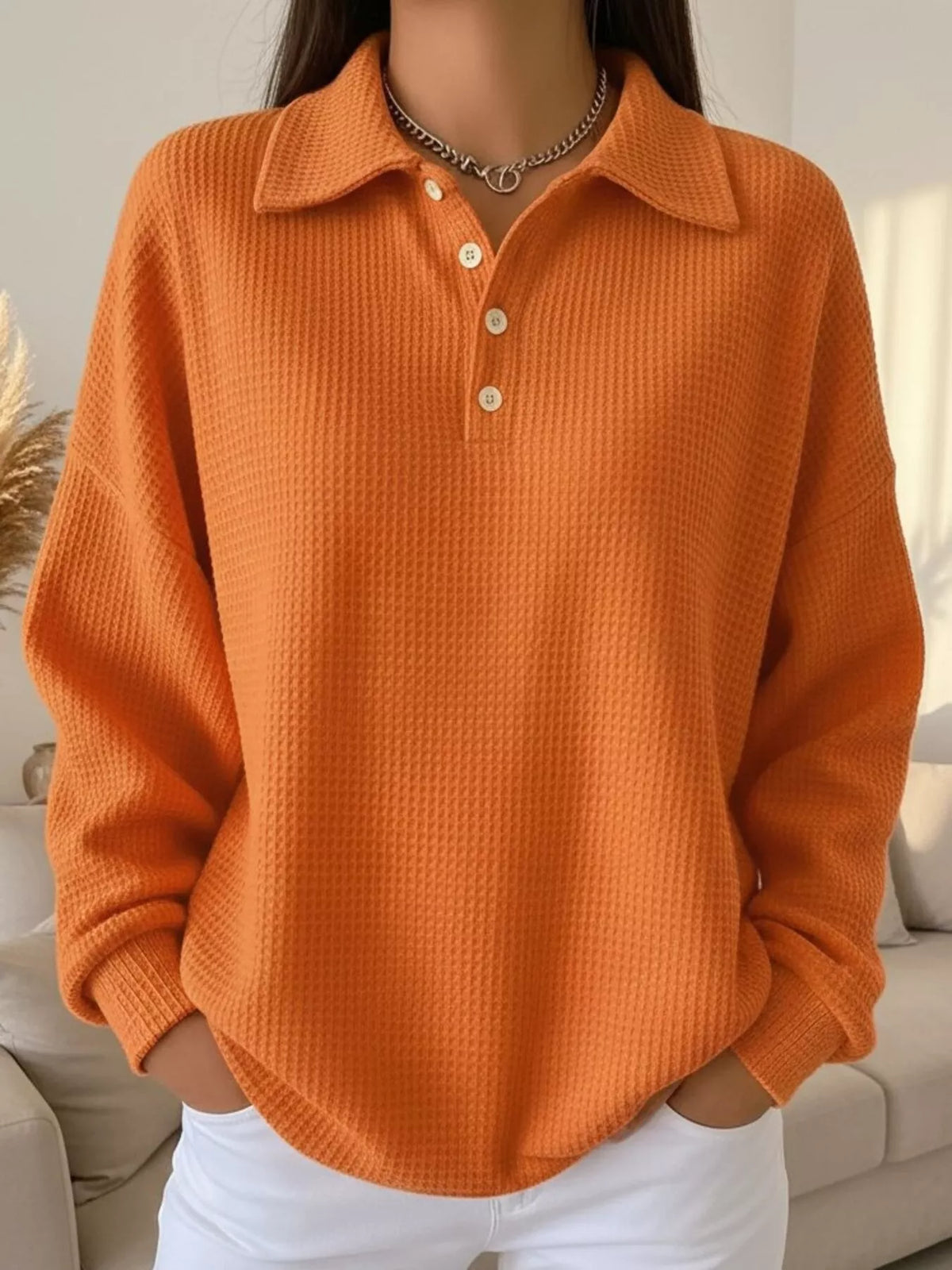 Full Size Waffle Knit Button Detail Sweatshirt Plus Size