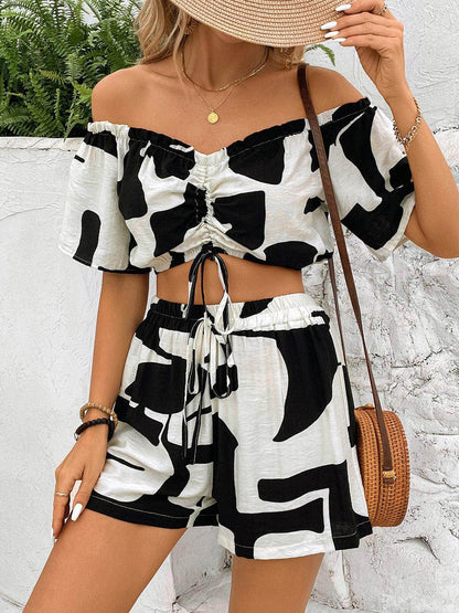Perfee Drawstring Off-Shoulder Top and Shorts Set for Women