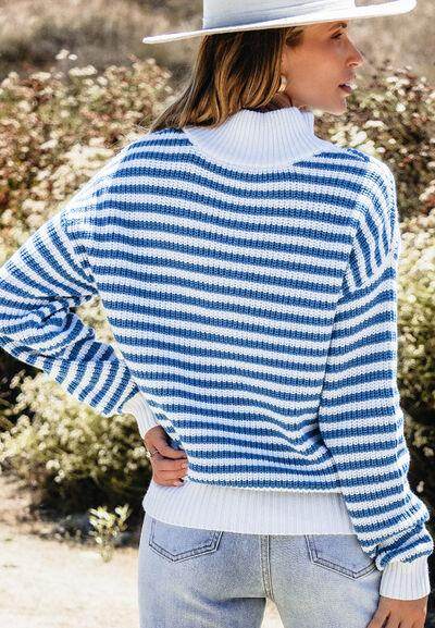 Striped Half Zip Mock Neck Long Sleeve Sweater for Women