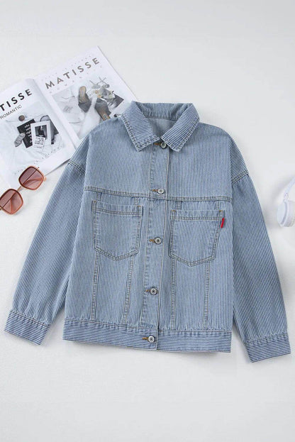 Striped Button Up Long Sleeve Denim Jacket for Women