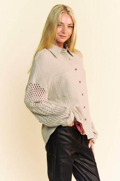Davi &amp; Dani Crochet Sleeve Crinkled Texture Shirt for Women