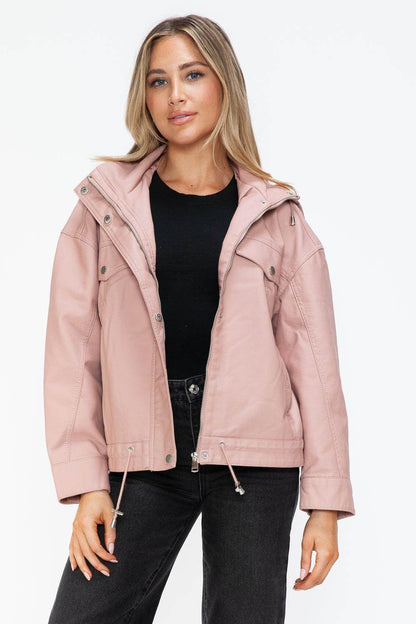 How Dare U Drawstring Hem PU Leather Zip Up Jacket for Women