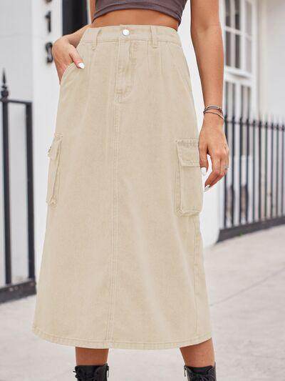 Slit Buttoned Denim Skirt with Pockets for Women