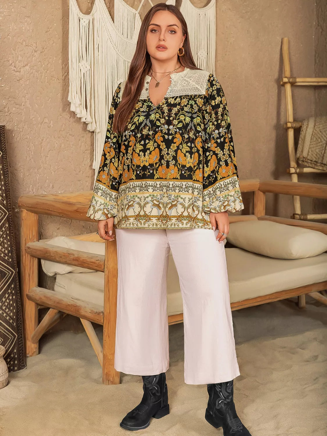 Plus Size Floral Print Notched Blouse
