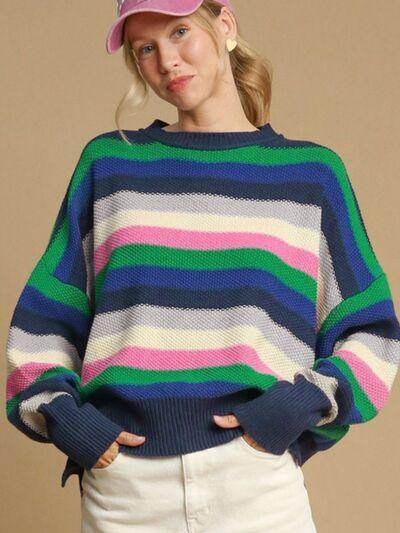 Contrast Striped Round Neck Long Sleeve Sweater for Women