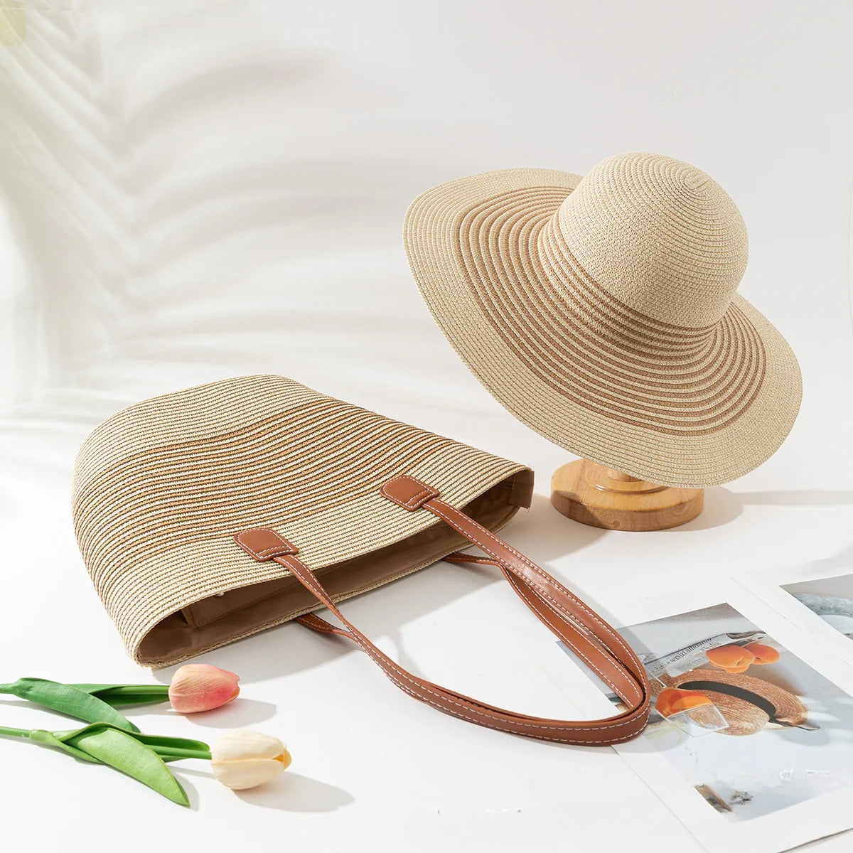 Straw Hat &amp; Tote Set – Beach Vacation Sun Protection Duo, Large Capacity Travel Tote