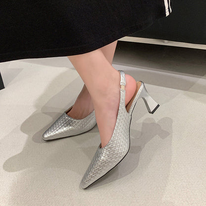 Women Woven Block Heel Mary Janes, 2026 New Summer Elegant Fashion Commuter High Heel Sandals, Versatile Daily Single Shoes