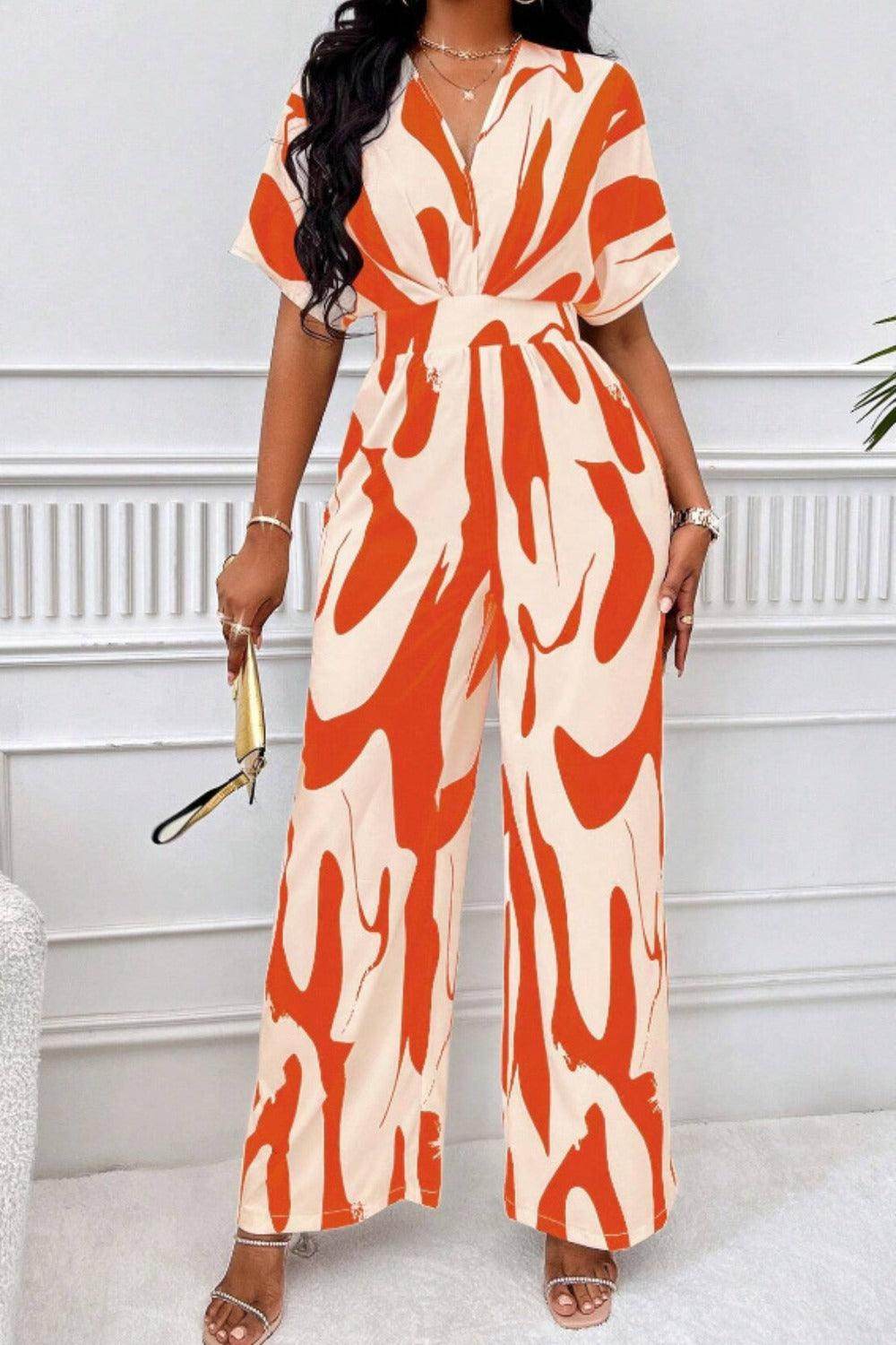 Printed V-Neck Short Sleeve Wide Leg Jumpsuit for Women