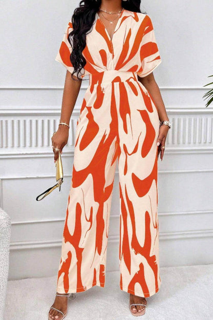 Printed V-Neck Short Sleeve Wide Leg Jumpsuit for Women