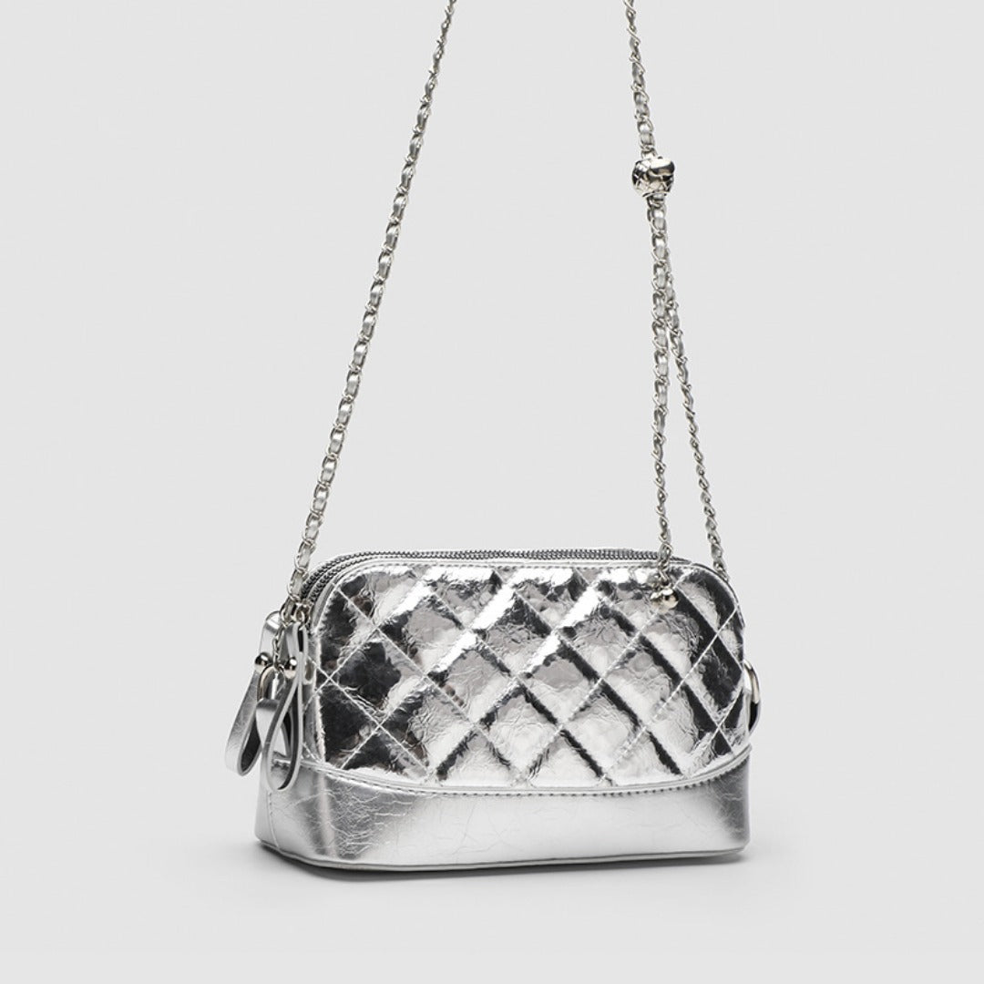 Simple chain bag, silver metallic shoulder Crossbody bag, fashionable small diamond bag women