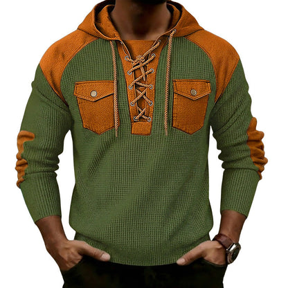 Mens Waffle-Weave Hooded Long-Sleeve Sweatshirt