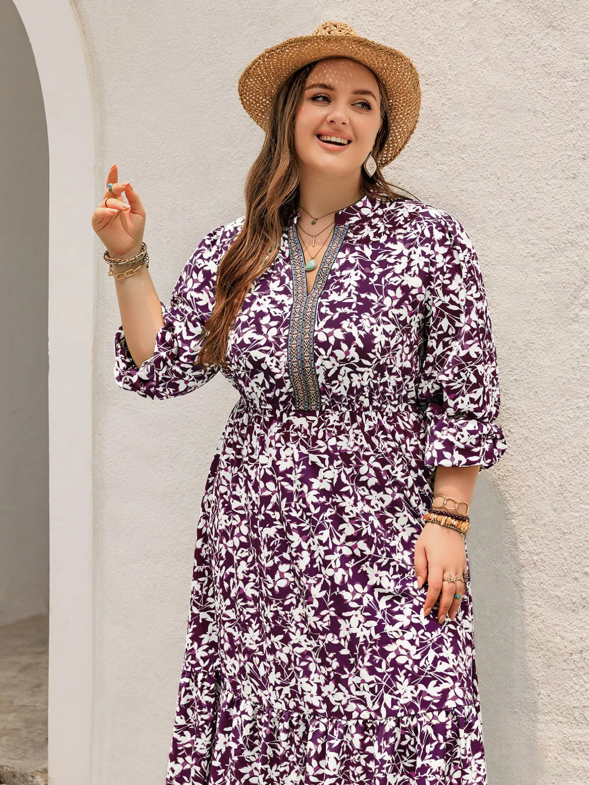 Plus Size Floral Print Maxi Dress with Long Sleeves