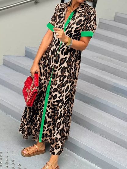 Leopard Print Button-Down Dress with Contrast Trim