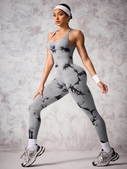 Back Crisscross Tie-Dye Scoop Neck Active Jumpsuit