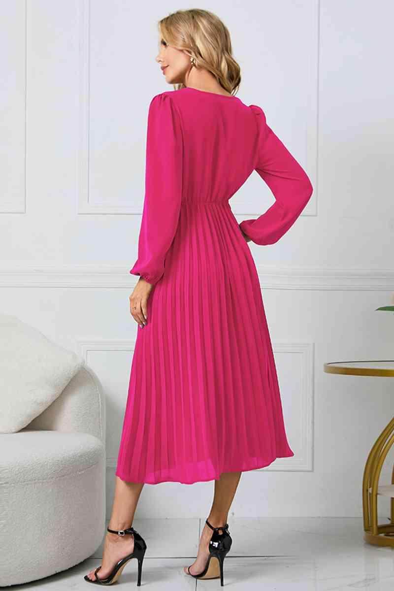 V-Neck Long Sleeve Tie Waist Midi Dress for Women