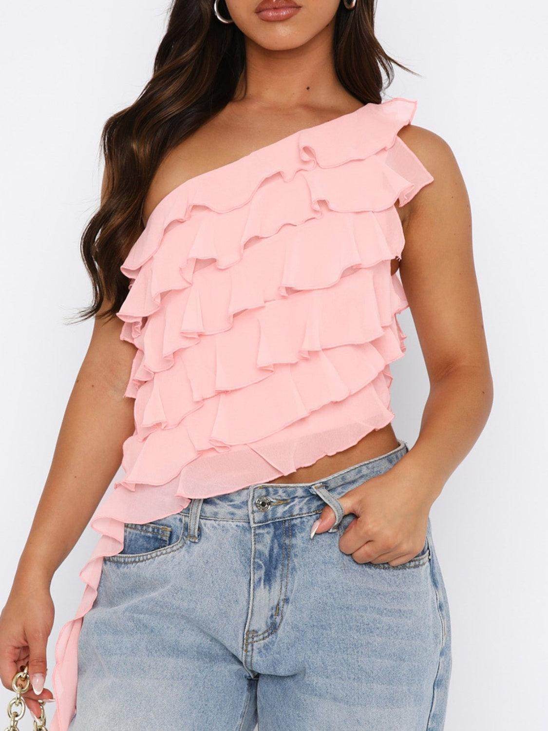 Layered Ruffled One Shoulder Tank for Stylish Women