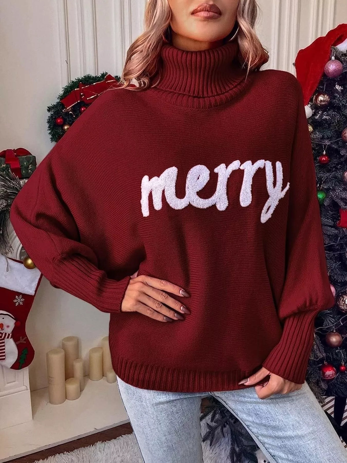 Merry Turtleneck Long Sleeve Christmas Sweater