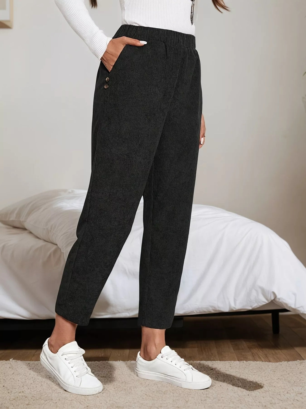 Corduroy Elastic Waist Cropped Pants