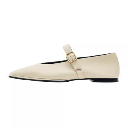 Genuine Leather Square-toe Flat Shoes For Women With Shallow Mouth And Single Strap