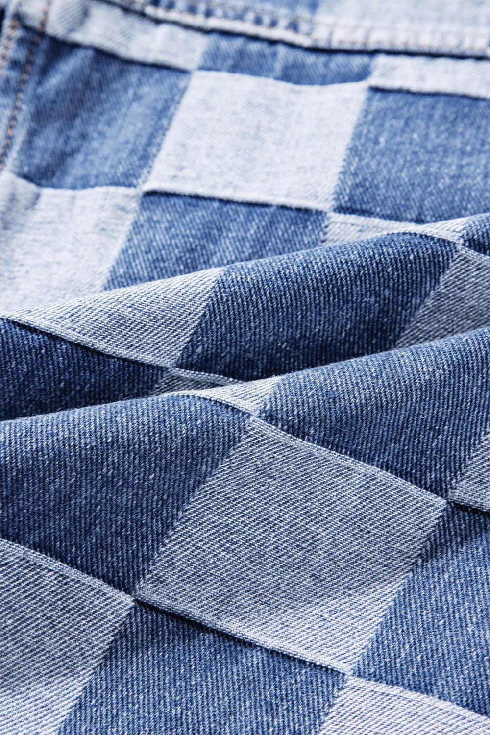 Checkered Button Up Long Sleeve Denim Jacket for Women
