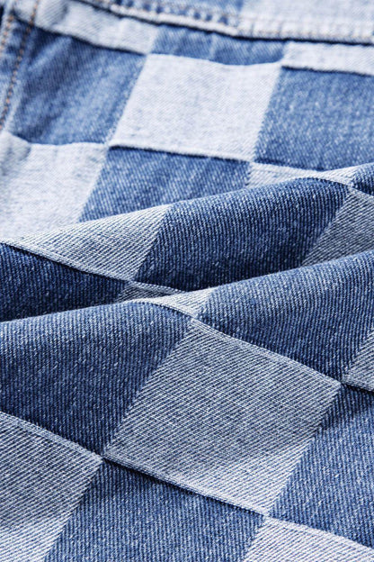 Checkered Button Up Long Sleeve Denim Jacket for Women