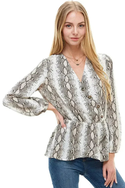 Snake V neck Button Front Peplum Long Sleeve Blouse Top | Femstylo
