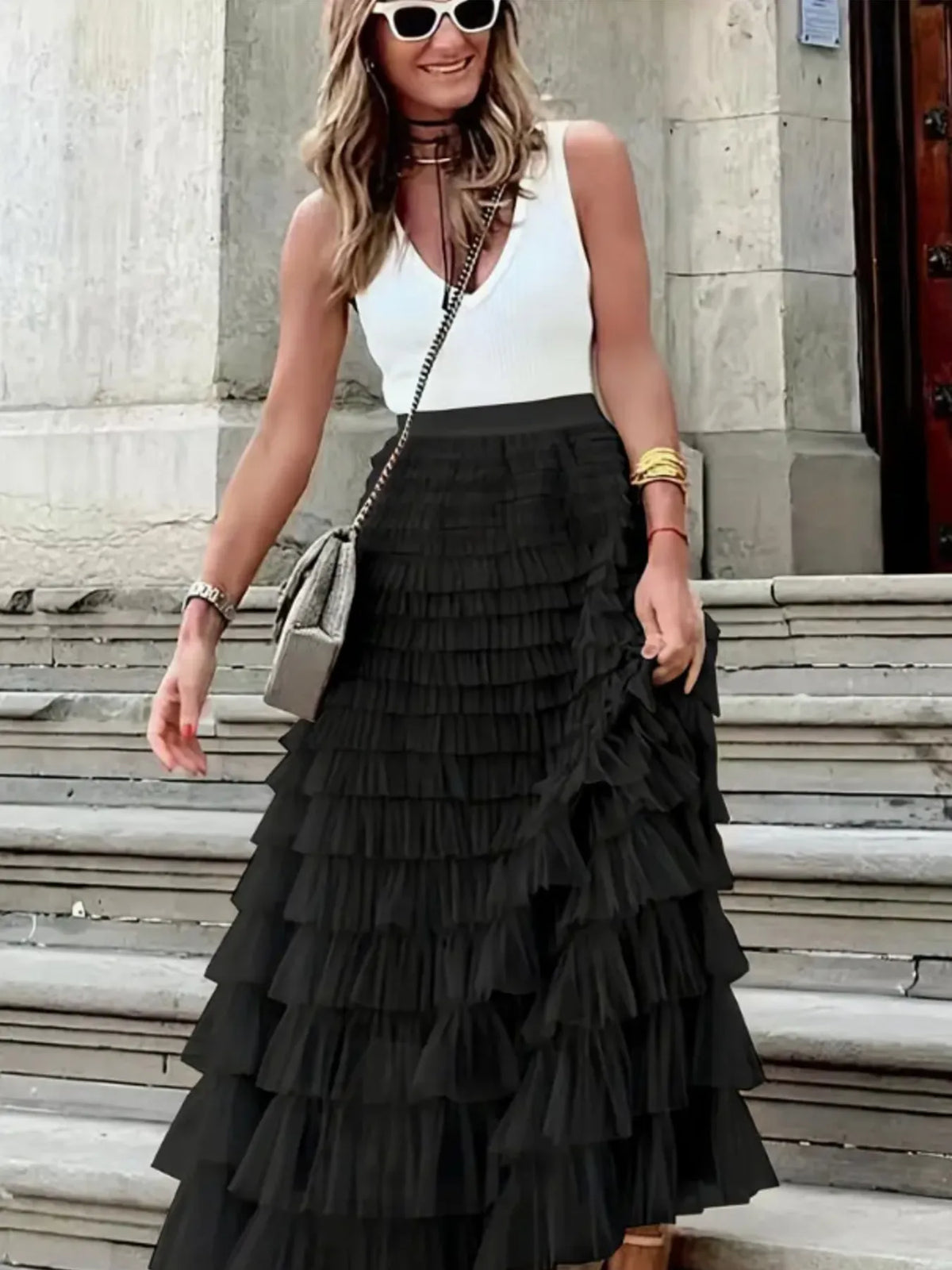 Layered Ruffle Maxi Skirt