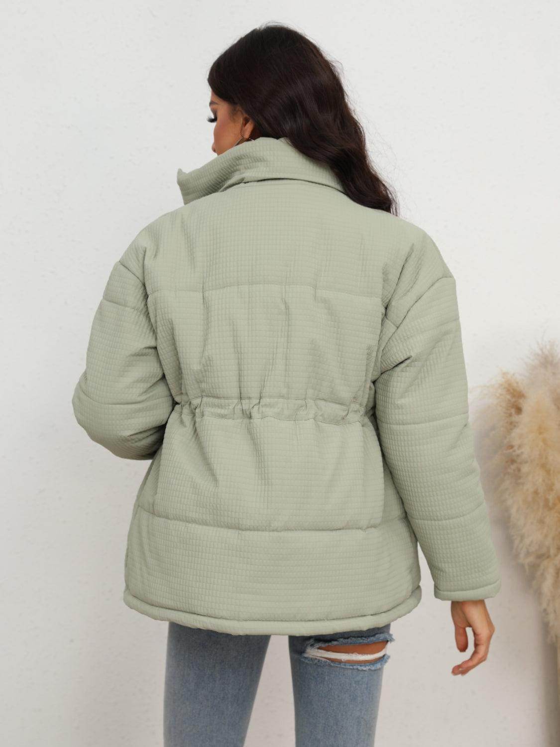 Drawstring Waist Zip-Up Puffer Jacket for Women Stylish Warmth