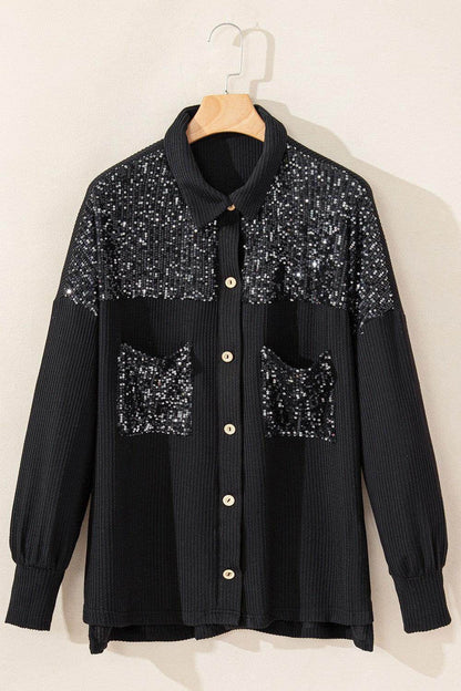 Sequin Button Up Dropped Shoulder Jacket for Women