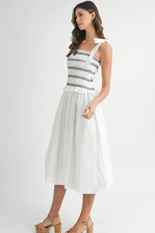 MABLE Smocked Bodice Bubble Midi Dress
