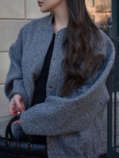 Autumn Casual Full Size Drop Shoulder Snap Down Jacket with Buttoned Front and Pockets
