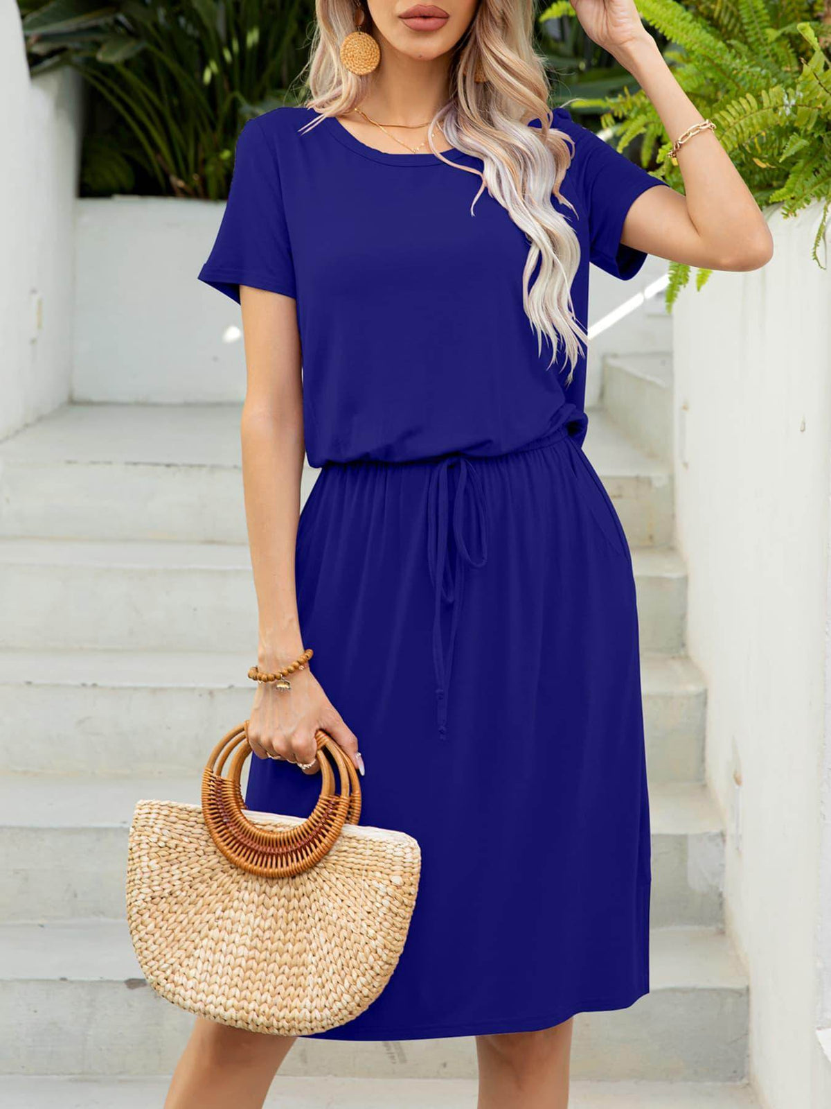 Round Neck Short Sleeve Slit Dress with Pockets for Women