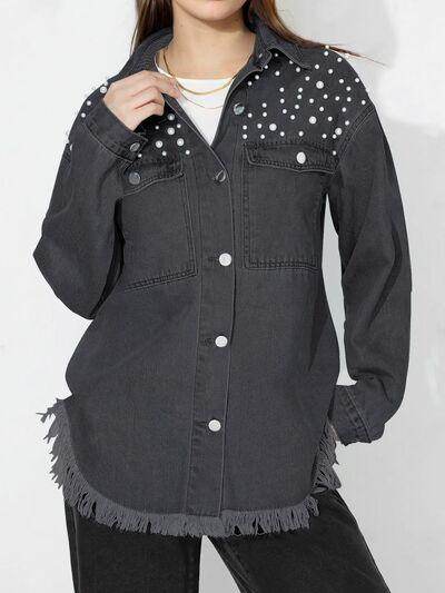 Raw Hem Pearl Trim Collared Neck Denim Top for Women