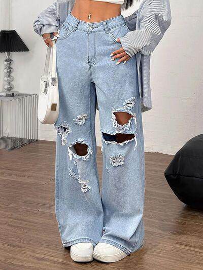 Distressed Wide Leg Jeans with Pockets for Women