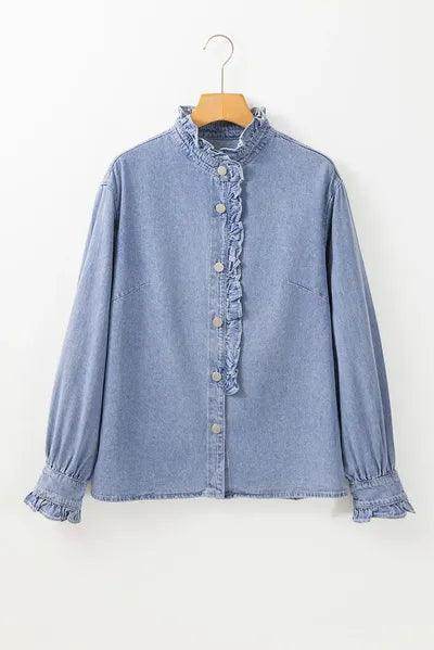 Frill Button Up Long Sleeve Denim Top for Stylish Women