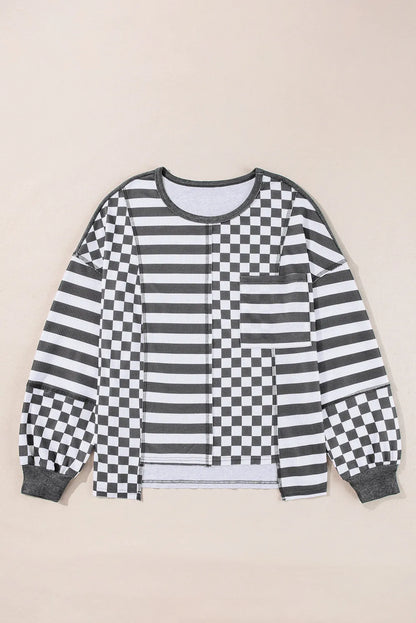 Checker &amp; Stripes Round Neck Long Sleeve Blouse