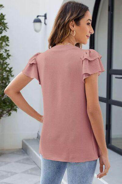 Ruffled Notched Short Sleeve Blouse for Women Fashion