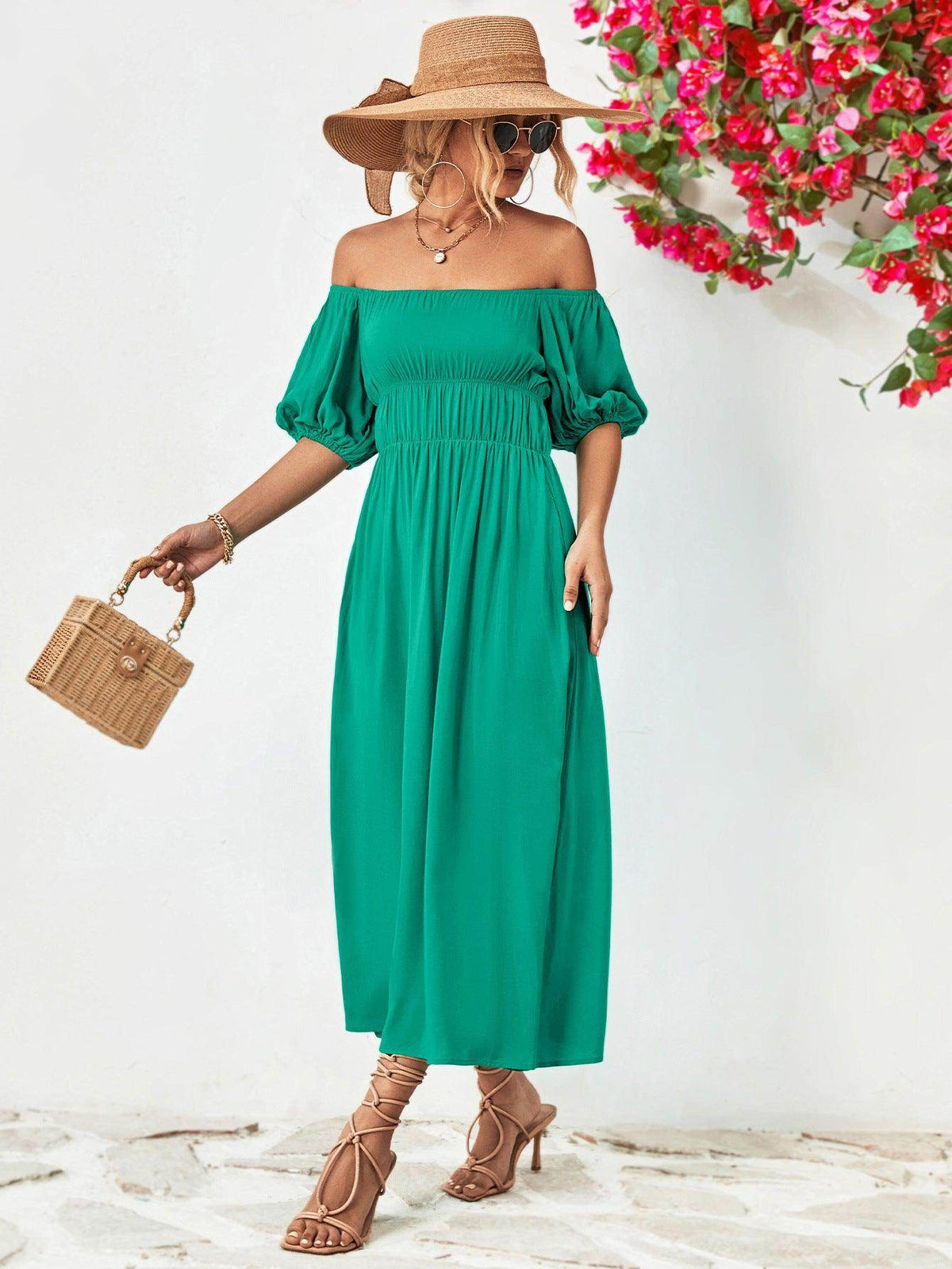 Off-Shoulder Balloon Sleeve Midi Dress for Chic Style
