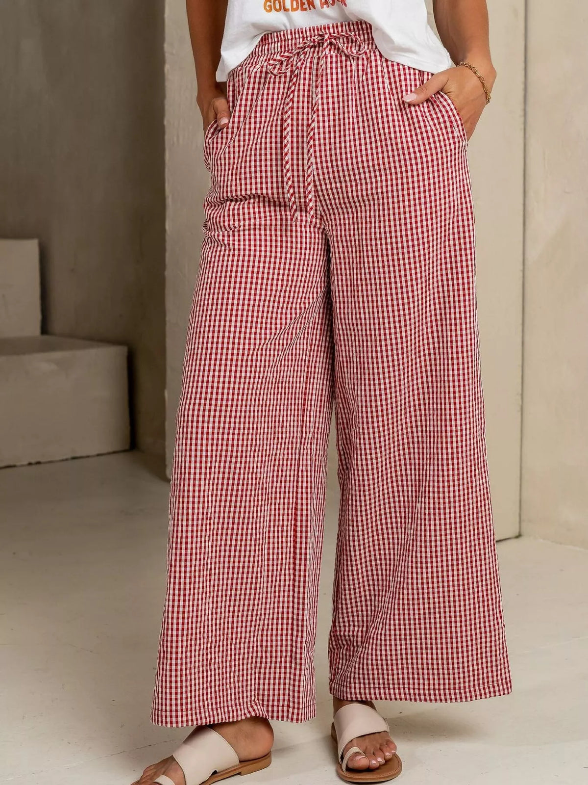 Gingham Print Wide Leg Casual Pants