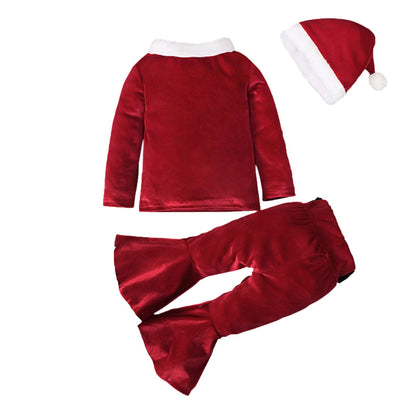 Winter Christmas Long-sleeved Shirt Bell Bottoms Hat Three-piece Children&