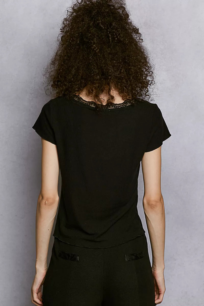 POL Round Neck Short Sleeve Crop T-Shirt with Lace Trim
