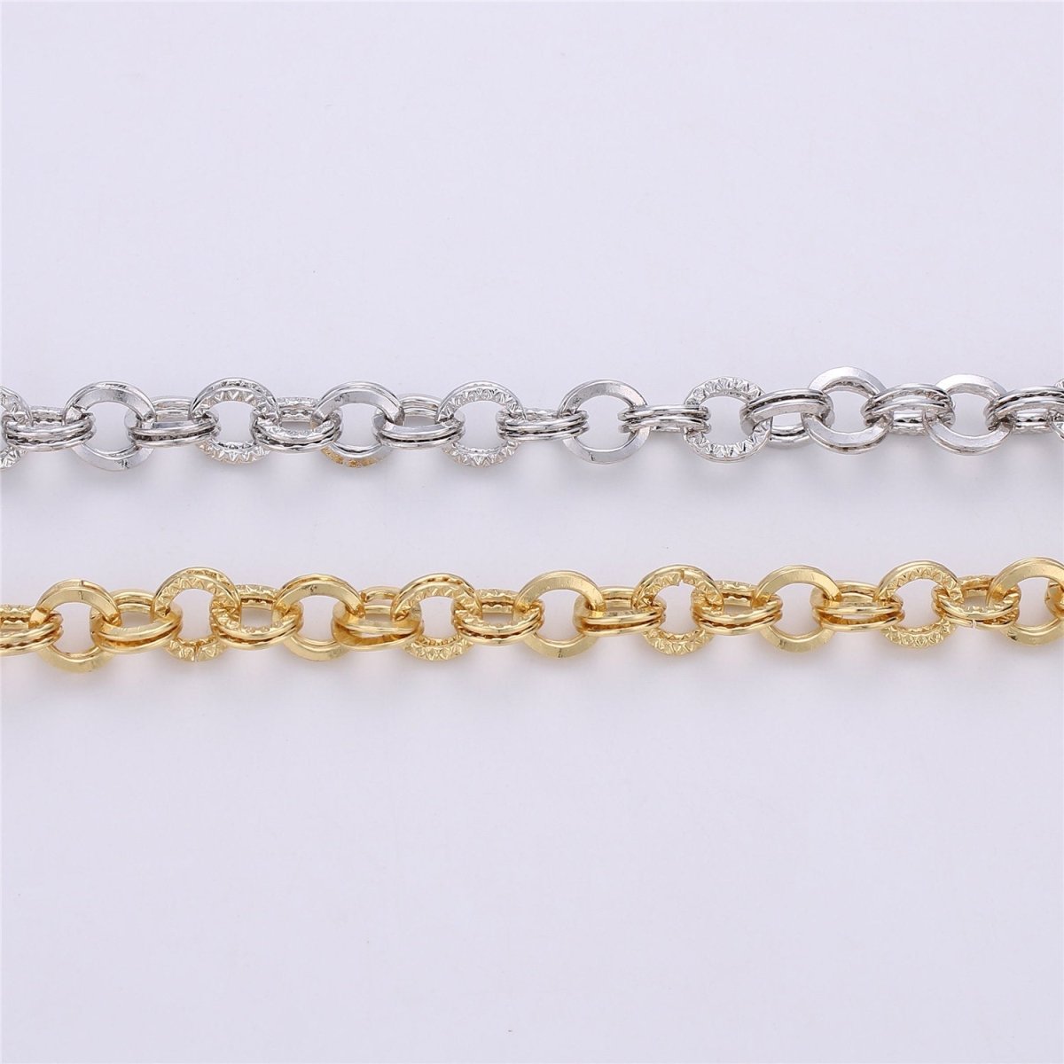 7mm Width White Gold / 14K Gold Plated Textured Necklace Bracelet Rolo Chain | ROLL-096, ROLL-097 Clearance Pricing