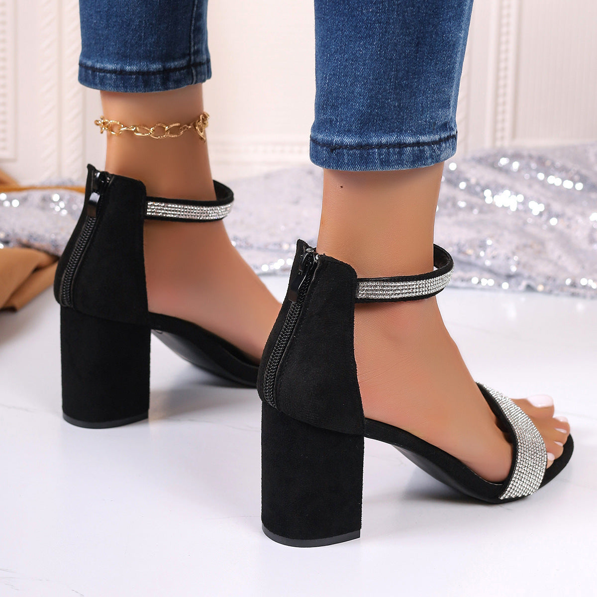 Rhinestone Chunky Heel Strappy Sandals