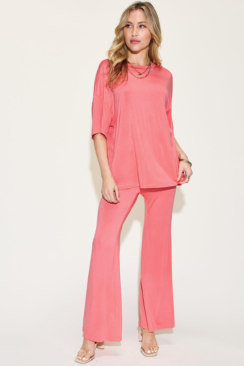 Comfy Bamboo Drop Shoulder Tee &amp; Flare Pants Set