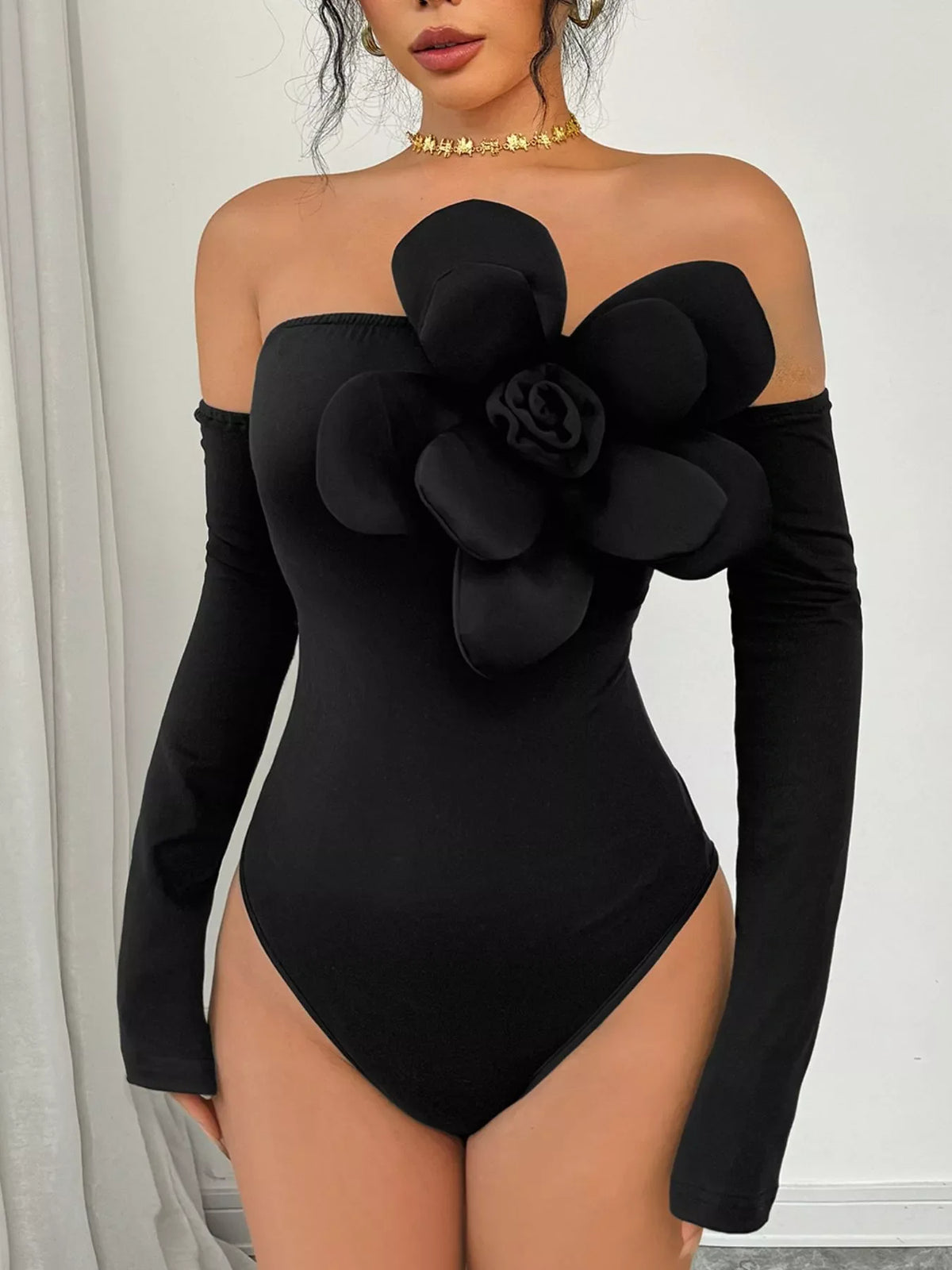 Flower Off-Shoulder Long Sleeve Bodysuit