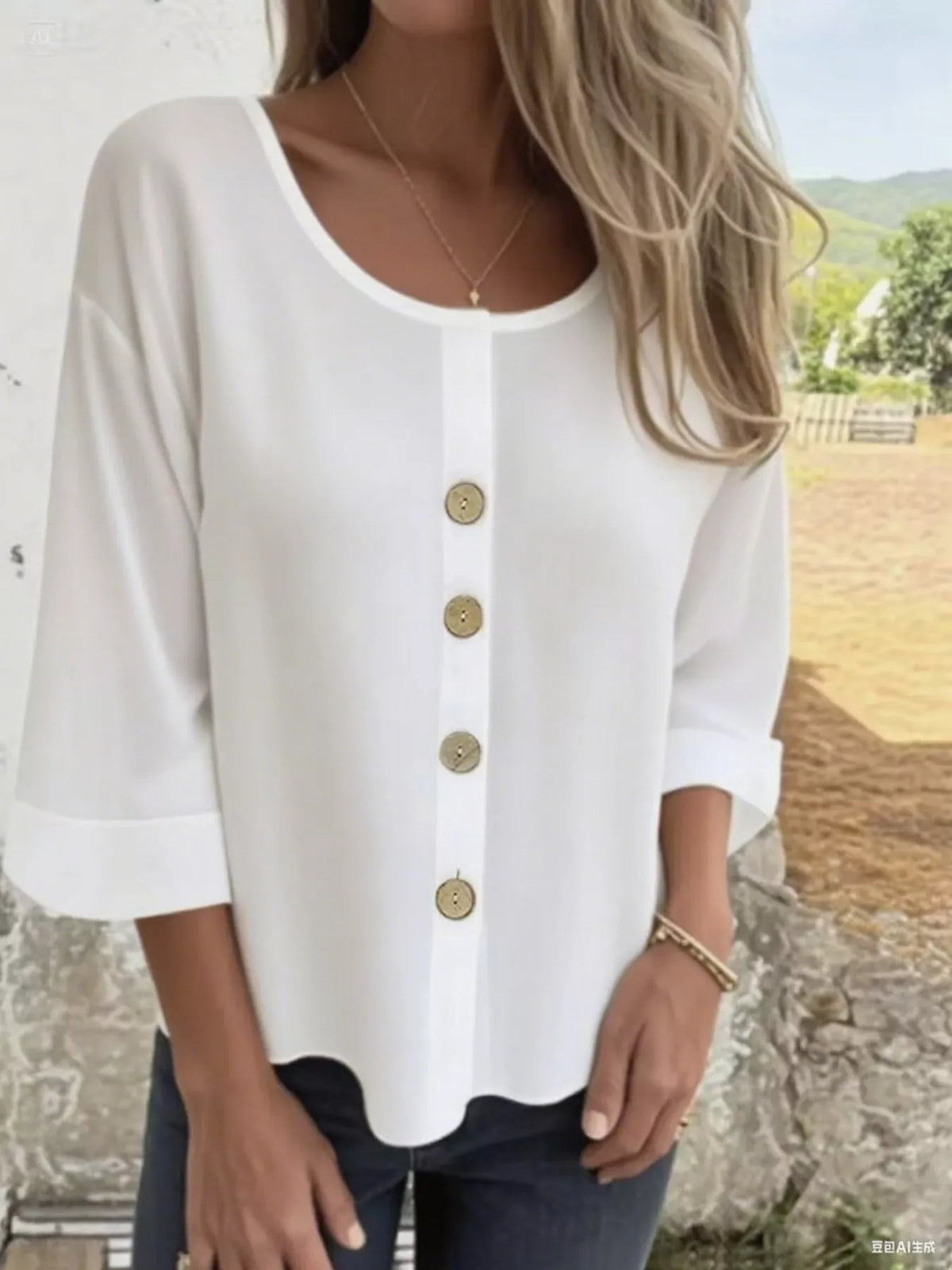 Full Size Button-Front 3/4 Sleeve Casual Blouse Plus Size