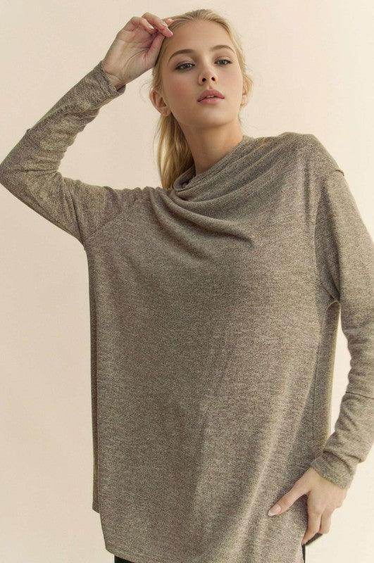 Davi &amp; Dani Slit Mock Neck Long Sleeve Top for Women