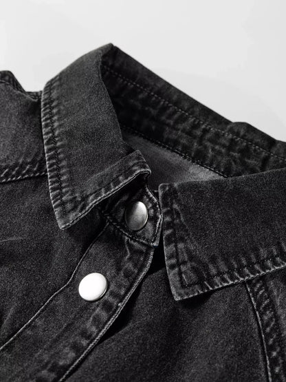 Chest Pocket Raw Hem Denim Loose Shirt Dress