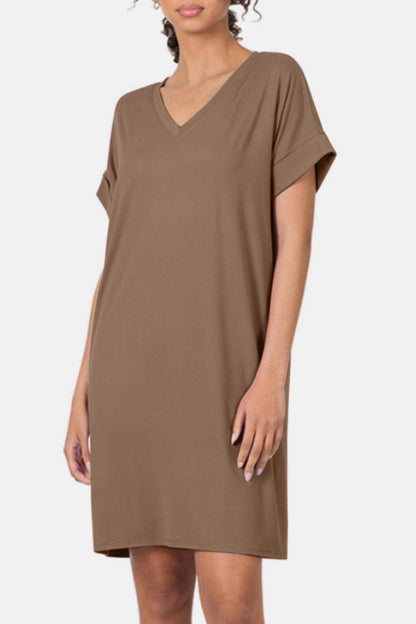 Zenana Rolled Short Sleeve V-Neck Dress for Casual Style