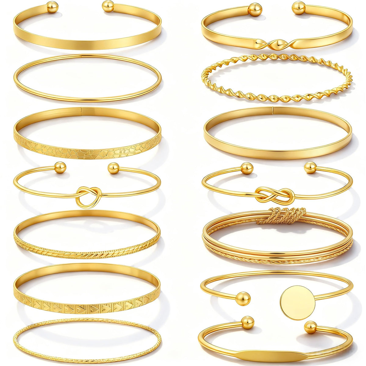 FAXHION Gold Bangle Bracelets for Women, 14 Pcs Multi Layer Stackable Bangle Set, 14K Gold Plated Textured Chunky Bracelets Boho Jewelrys Set